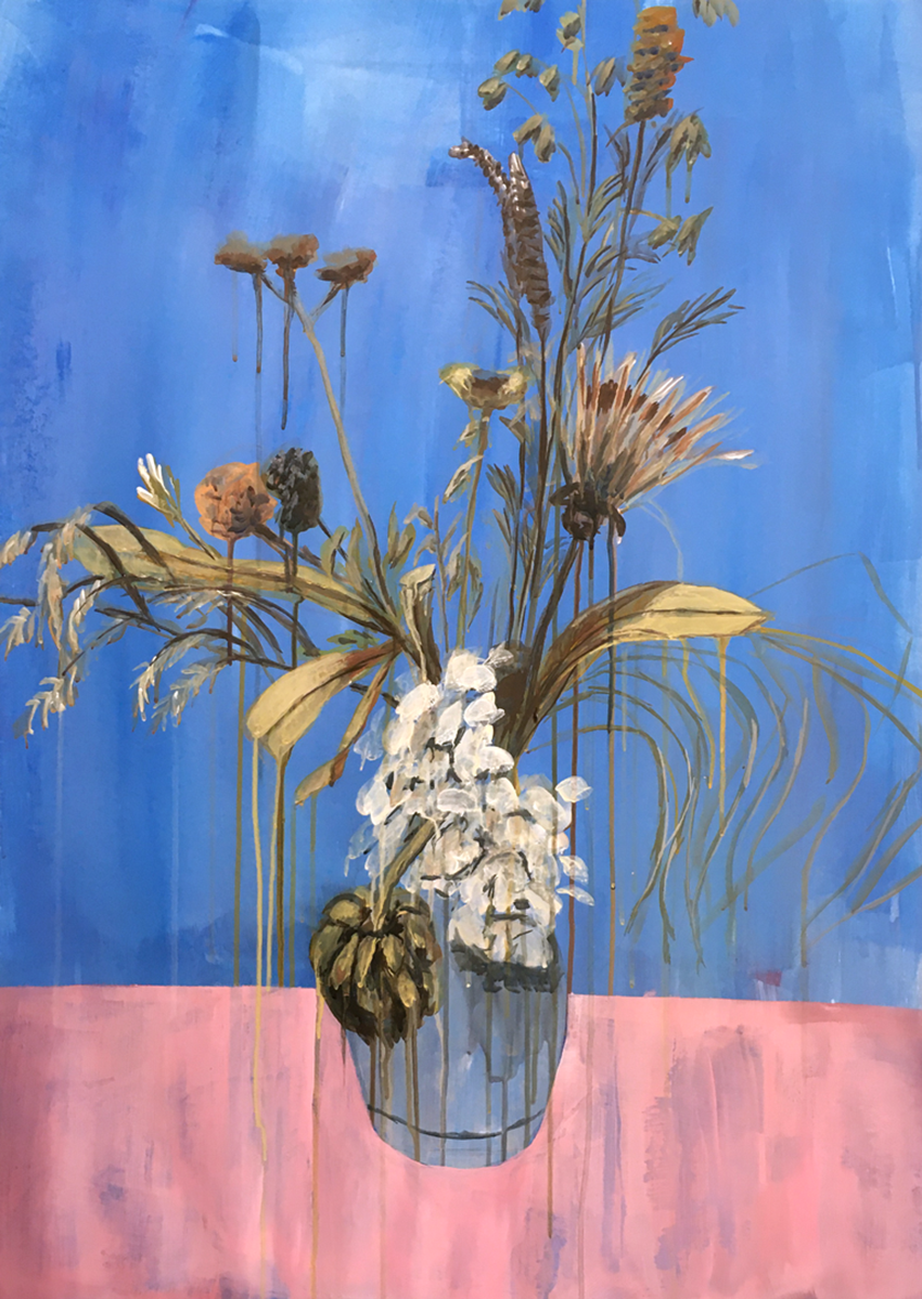 Painting of a big flower bouquet in light greens and white tones in front of a light blue background