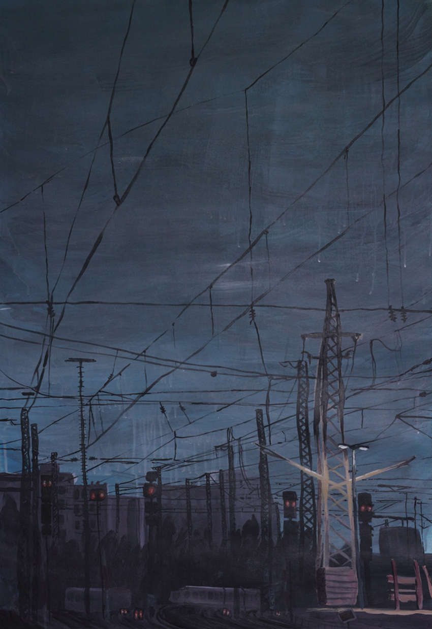 Painting of a trainstation at night. A large part of the painting shows a dark sky and powerlines