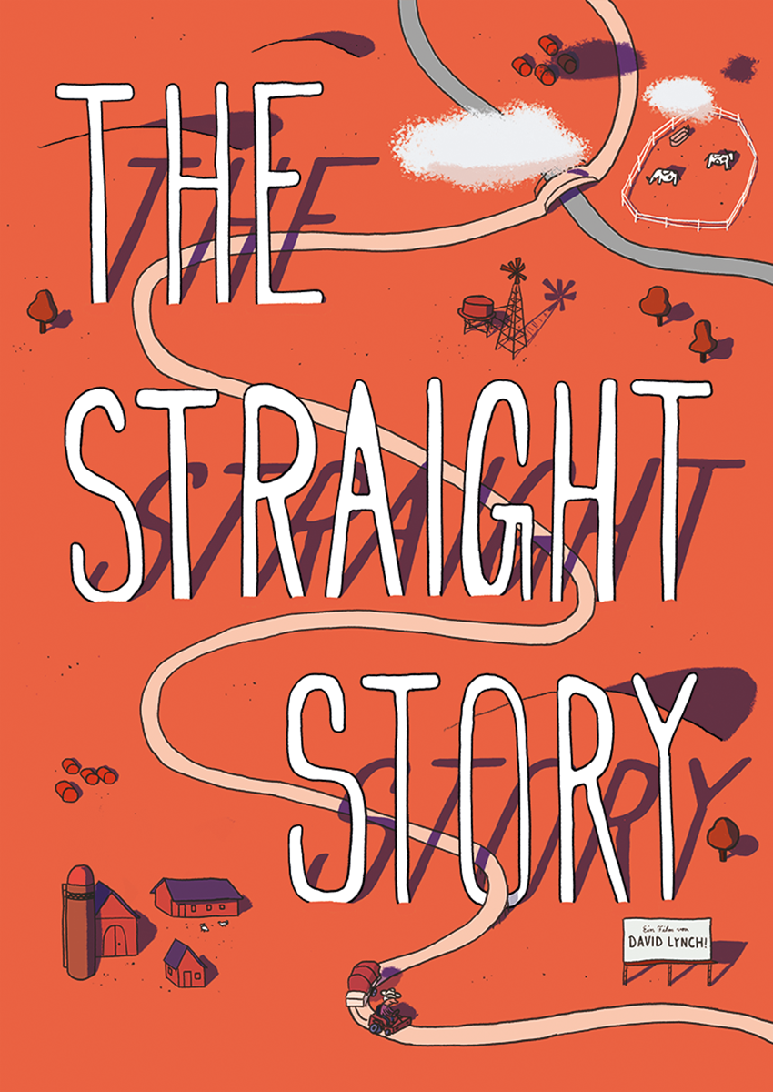 A drawn movie poster with the words "The straight story" in white standing on a cartoony rural USA landscape in red tones with a single road crossing it in curves, at the bottom rides a man on a tractor on the road