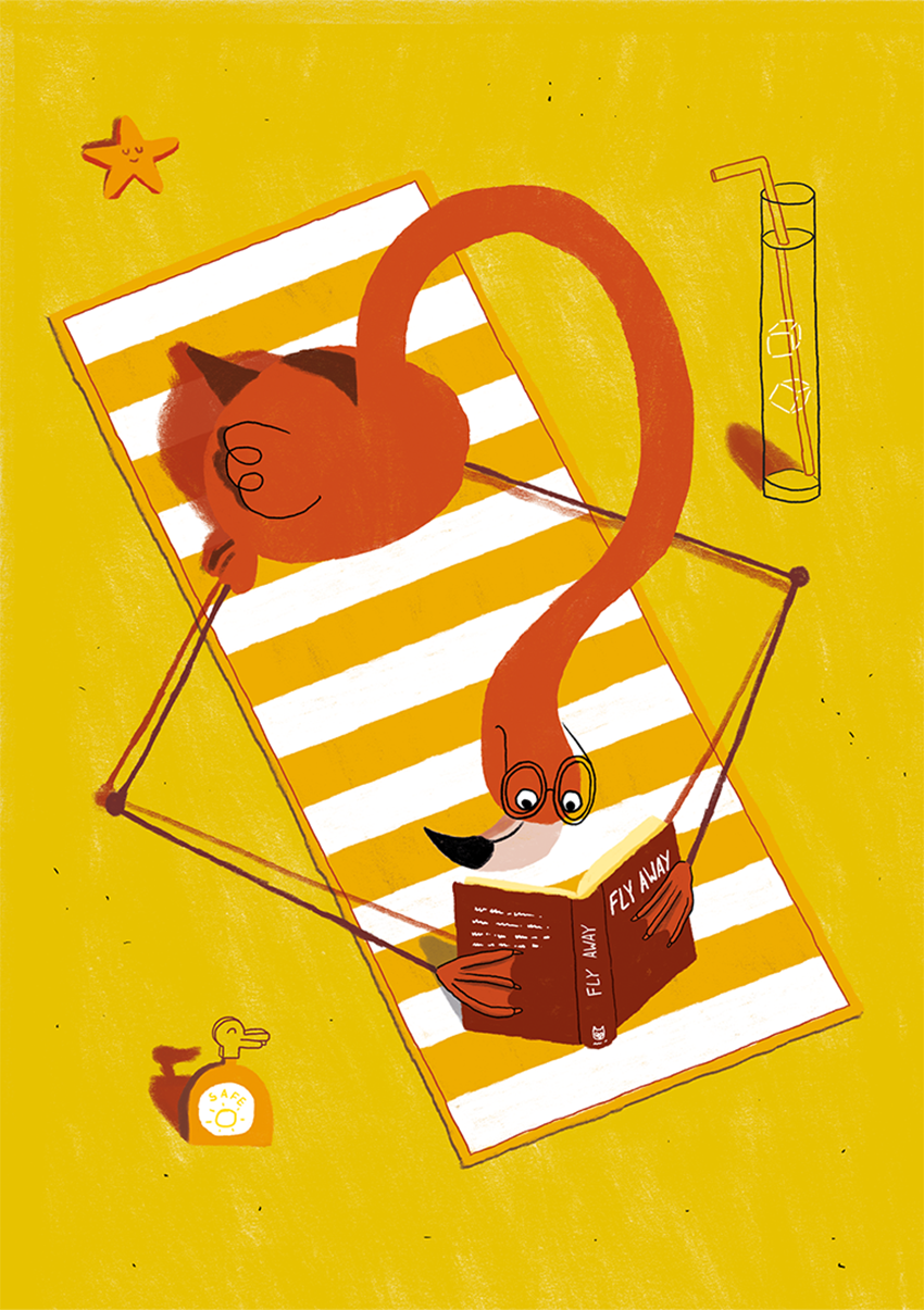 Digital painting of a cartoonish flamingo reading a book on a towel at the beach. The flamingo is red while the beach and decoration is in a subdued yellow mixed with the same red